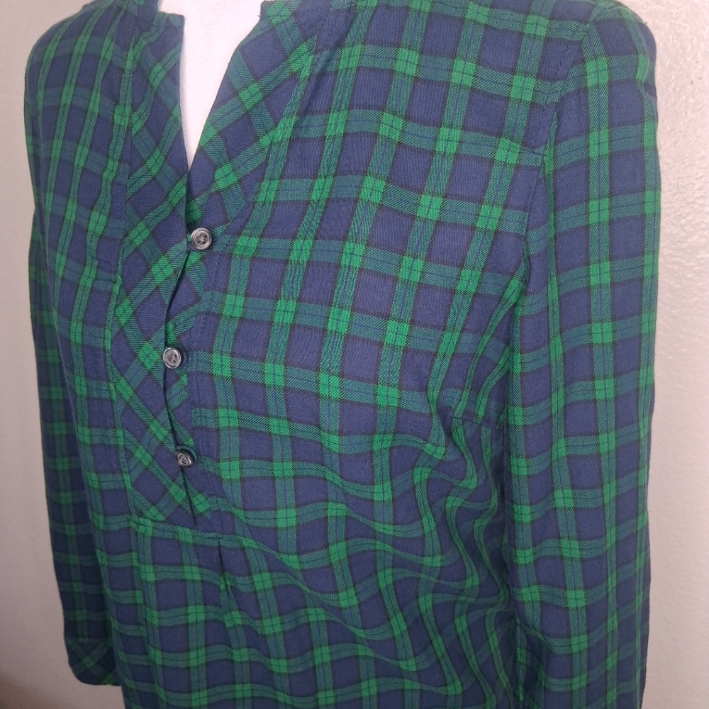 Talbots Women's Shirt Green Blue Plaid Popover Tunic Long Slv Henley PP (0-2) - Picture 9 of 16
